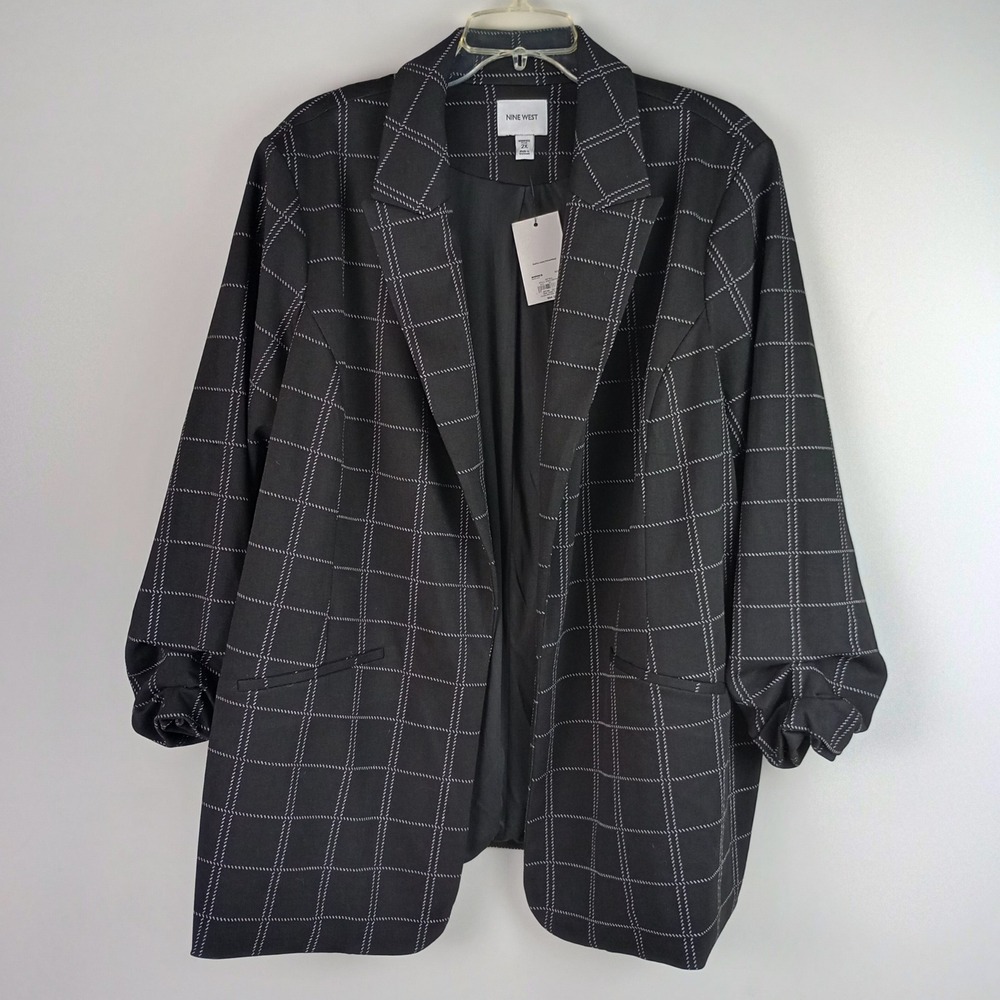 NWT Nine West Womens 2X Black Grid Open Front Ruched Sleeve Closureless Blazer
